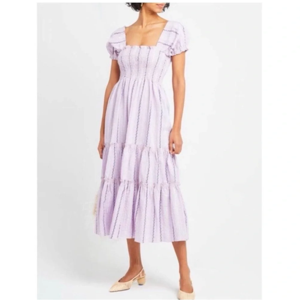 NWT O.PT. Serenette Square Neck Smocked
Gingham Midi Dress Sz M purple pink - Picture 11 of 11
